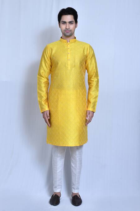 Buy_Arihant Rai Sinha_Yellow Silk, Cotton Fleur Damask Woven Kurta With Pant _Online_at_Aza_Fashions
