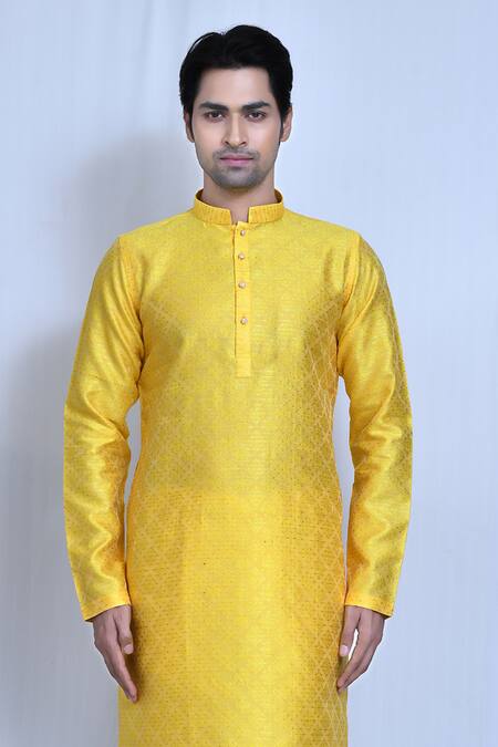 Shop_Arihant Rai Sinha_Yellow Silk, Cotton Fleur Damask Woven Kurta With Pant _Online_at_Aza_Fashions