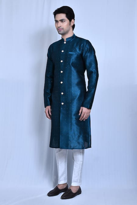 Arihant Rai Sinha_Blue Cotton Sequins Cosmic Embroidered Kurta With Pant_at_Aza_Fashions
