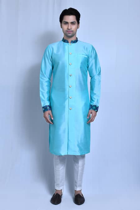Buy_Arihant Rai Sinha_Blue Silk, Cotton Bandhej Print Collar Kurta With Pant _Online_at_Aza_Fashions