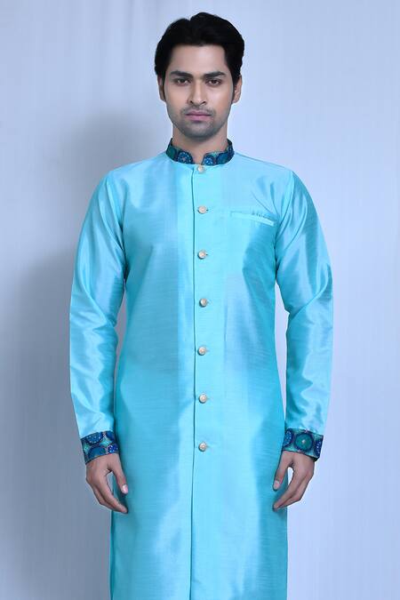 Shop_Arihant Rai Sinha_Blue Silk, Cotton Bandhej Print Collar Kurta With Pant _Online_at_Aza_Fashions