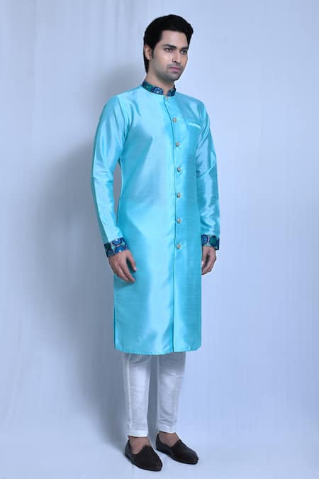 Arihant Rai Sinha_Blue Silk, Cotton Bandhej Print Collar Kurta With Pant _at_Aza_Fashions