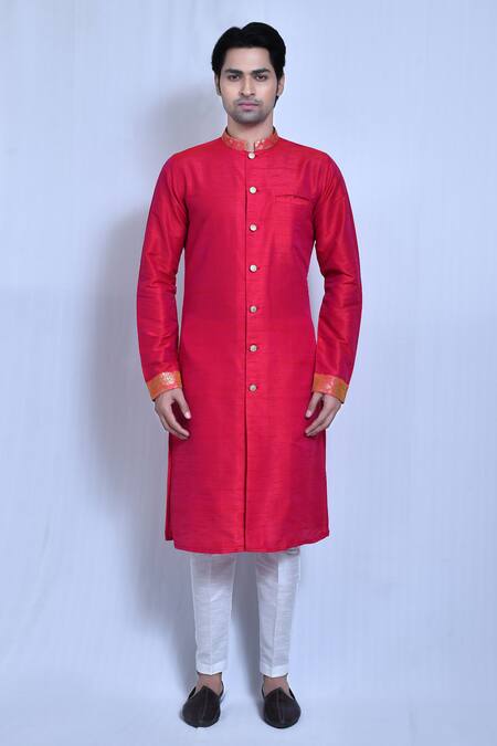 Buy_Arihant Rai Sinha_Pink Silk, Cotton Floral Vine Band Collar Kurta With Pant _Online_at_Aza_Fashions
