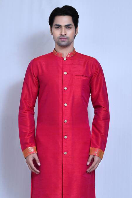 Shop Arihant Rai Sinha Pink Silk, Cotton Floral Vine Band Collar Kurta With Pant Online at Aza Fashions Shop_Arihant Rai Sinha_Pink Silk, Cotton Floral Vine Band Collar Kurta With Pant _Online_at_Aza_Fashions