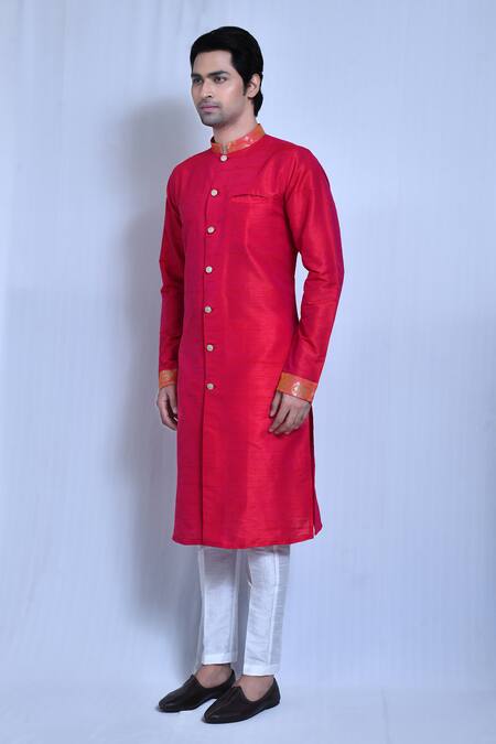 Arihant Rai Sinha_Pink Silk, Cotton Floral Vine Band Collar Kurta With Pant _at_Aza_Fashions