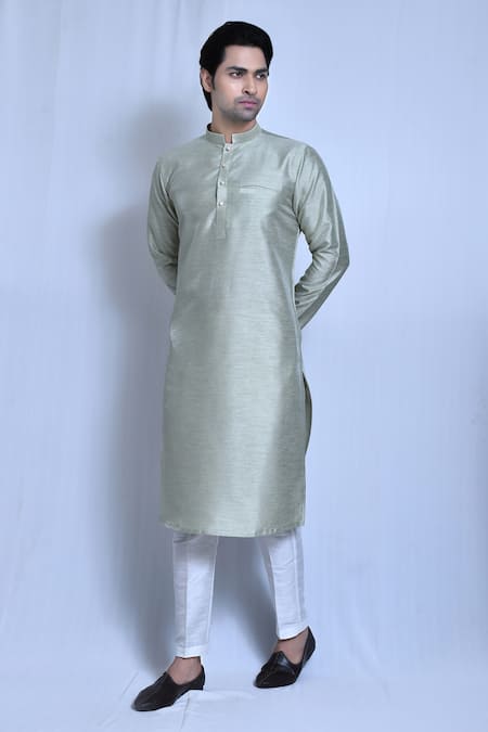 Aryavir Malhotra Green Gicha Silk Solid Band Collar Kurta With Pant 