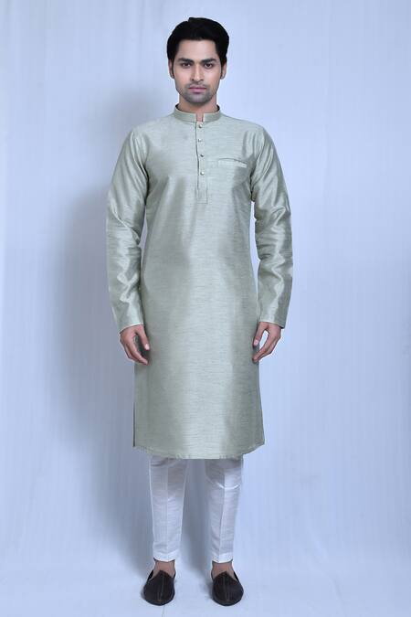 Buy_Arihant Rai Sinha_Green Gingham, Silk Solid Band Collar Kurta With Pant _Online_at_Aza_Fashions