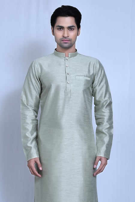 Shop_Arihant Rai Sinha_Green Gingham, Silk Solid Band Collar Kurta With Pant _Online_at_Aza_Fashions
