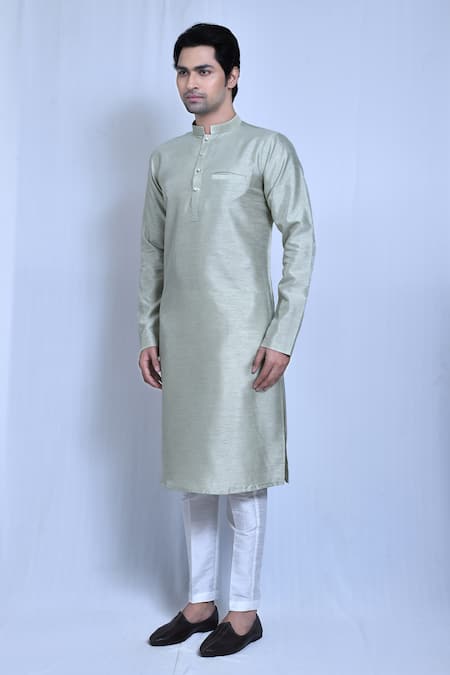 Arihant Rai Sinha_Green Gingham, Silk Solid Band Collar Kurta With Pant _at_Aza_Fashions