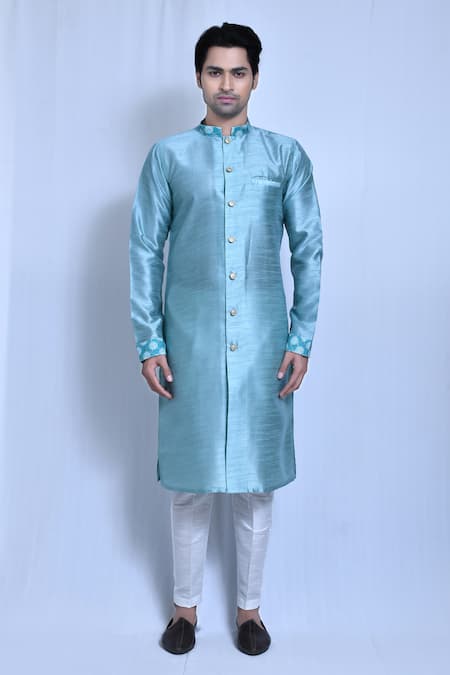 Buy_Arihant Rai Sinha_Blue Gingham Blossom Woven Band Collar Kurta With Pant _Online_at_Aza_Fashions