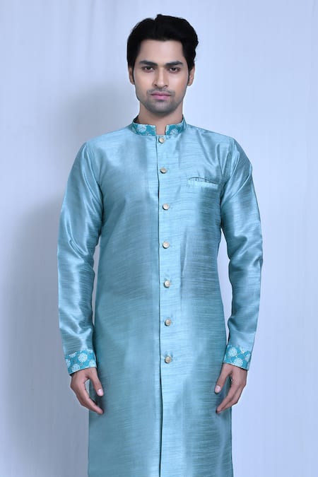 Shop_Arihant Rai Sinha_Blue Gingham Blossom Woven Band Collar Kurta With Pant _Online_at_Aza_Fashions