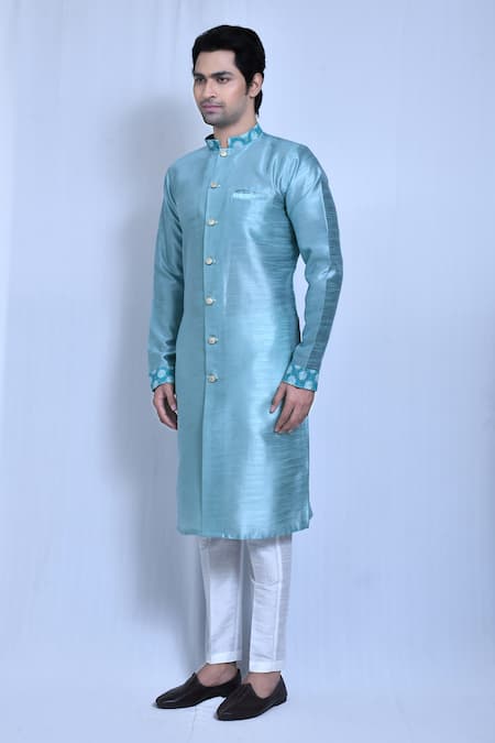 Arihant Rai Sinha_Blue Gingham Blossom Woven Band Collar Kurta With Pant _at_Aza_Fashions