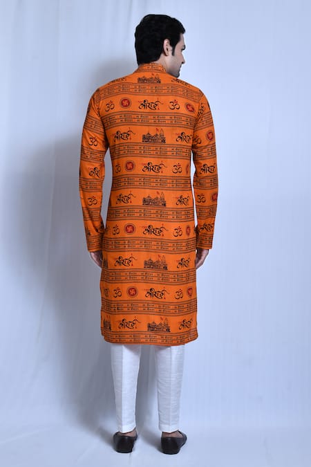Shop_Arihant Rai Sinha_Orange Cotton, Silk Jai Shree Ram Ayodhya Print Kurta With Pant _at_Aza_Fashions