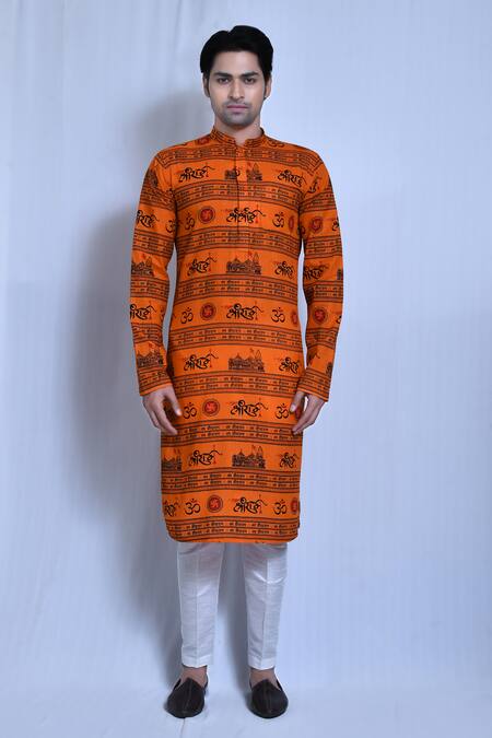 Buy_Arihant Rai Sinha_Orange Cotton, Silk Jai Shree Ram Ayodhya Print Kurta With Pant _Online_at_Aza_Fashions