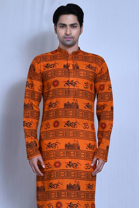 Shop Arihant Rai Sinha Orange Cotton, Silk Jai Shree Ram Ayodhya Print Kurta With Pant Online at Aza Fashions Shop_Arihant Rai Sinha_Orange Cotton, Silk Jai Shree Ram Ayodhya Print Kurta With Pant _Online_at_Aza_Fashions
