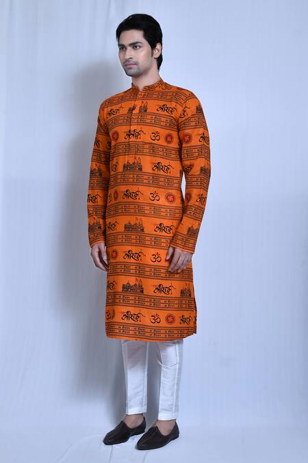 Arihant Rai Sinha_Orange Cotton, Silk Jai Shree Ram Ayodhya Print Kurta With Pant _at_Aza_Fashions