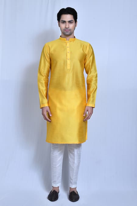Buy_Arihant Rai Sinha_Yellow Silk Geometric Textured Pattern Kurta Set _Online_at_Aza_Fashions