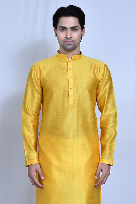Shop Arihant Rai Sinha Yellow Silk Geometric Textured Pattern Kurta Set Online at Aza Fashions Shop_Arihant Rai Sinha_Yellow Silk Geometric Textured Pattern Kurta Set _Online_at_Aza_Fashions