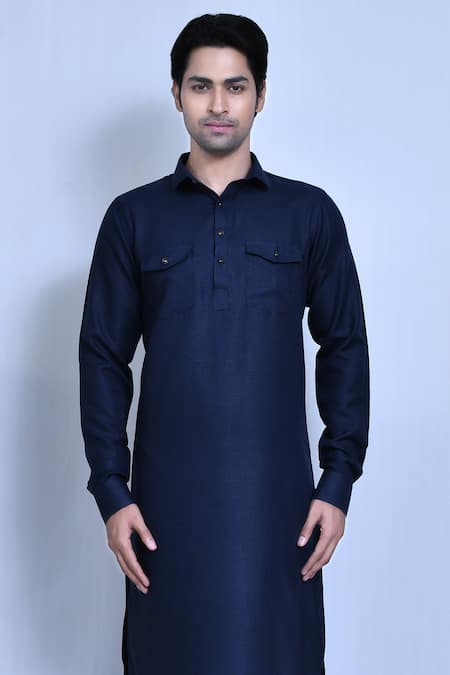 Shop_Arihant Rai Sinha_Blue Cotton, Linen Kurta And Pathani Pant Set _Online_at_Aza_Fashions