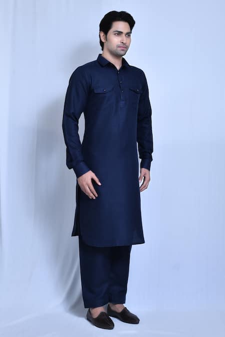 Arihant Rai Sinha_Blue Cotton, Linen Kurta And Pathani Pant Set _at_Aza_Fashions