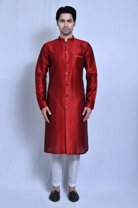 Buy_Arihant Rai Sinha_Red Silk, Cotton Sequins, Embroidery Placement Kurta Set _Online_at_Aza_Fashions