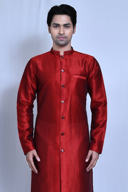 Shop_Arihant Rai Sinha_Red Silk, Cotton Sequins, Embroidery Placement Kurta Set _Online_at_Aza_Fashions