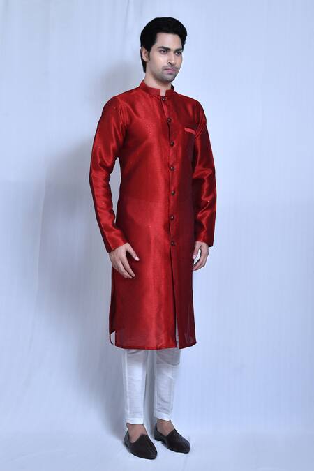Arihant Rai Sinha_Red Silk, Cotton Sequins, Embroidery Placement Kurta Set _at_Aza_Fashions