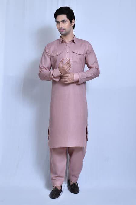 Aryavir Malhotra Peach Cotton Linen Plain Kurta And Pathani Pant Set 