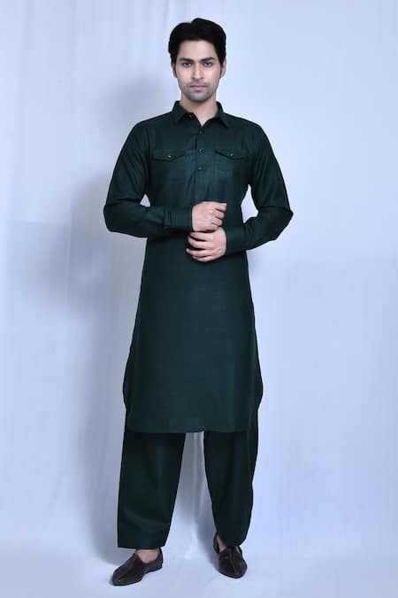 Aryavir Malhotra Cotton Linen Solid Kurta & Pathani Pant Set 