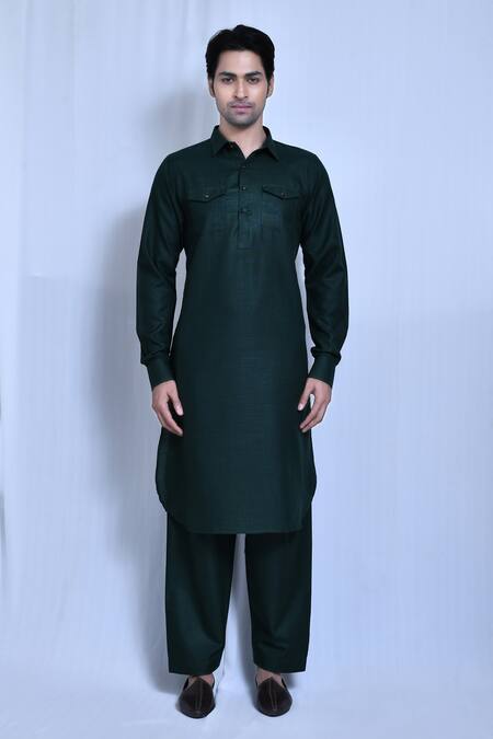 Buy_Arihant Rai Sinha_Green Cotton, Linen Solid Kurta And Pathani Pant Set_Online_at_Aza_Fashions