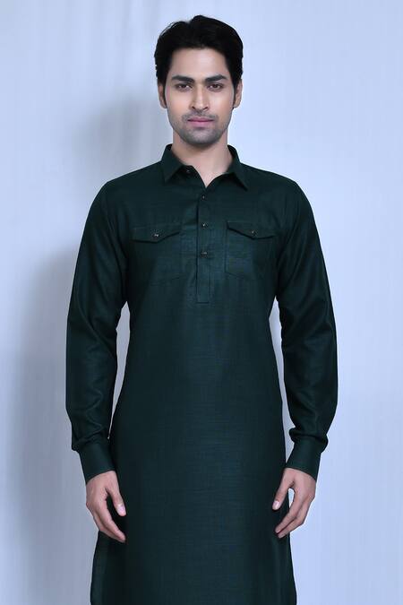 Shop_Arihant Rai Sinha_Green Cotton, Linen Solid Kurta And Pathani Pant Set_Online_at_Aza_Fashions