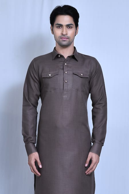 Shop_Arihant Rai Sinha_Grey Cotton, Linen Straight Kurta Set _Online_at_Aza_Fashions