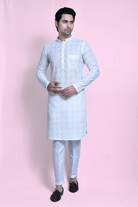 Aryavir Malhotra White Kurta Cotton Embroidery Thread Set 