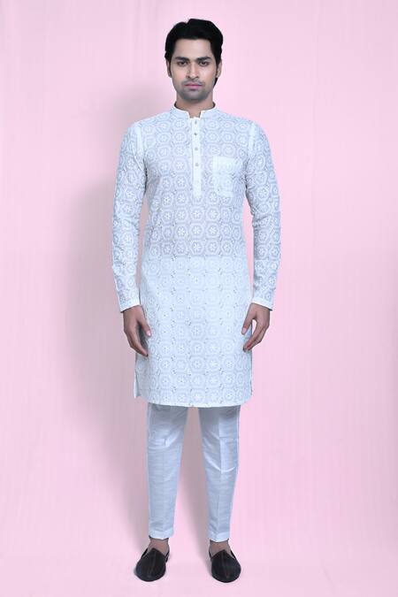 Buy_Arihant Rai Sinha_White Cotton, Silk Sequins, Embroidery Thread Kurta Set_Online_at_Aza_Fashions