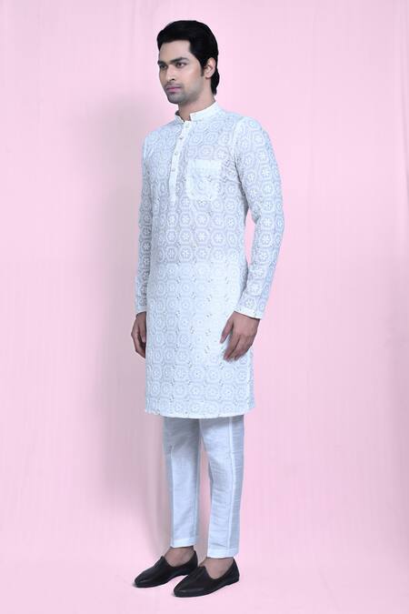 Arihant Rai Sinha_White Cotton, Silk Sequins, Embroidery Thread Kurta Set_at_Aza_Fashions