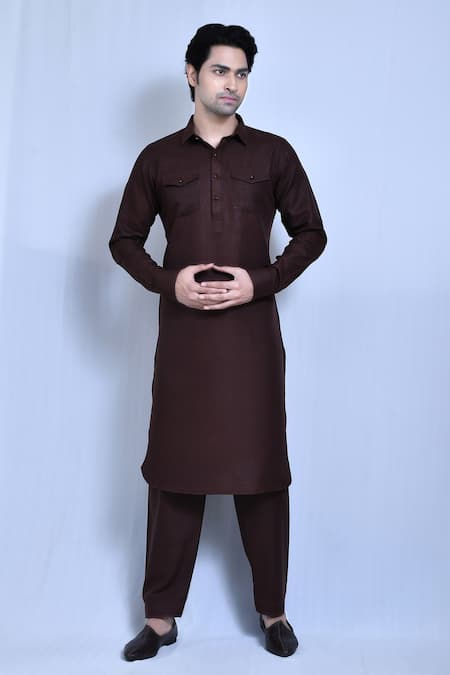 Aryavir Malhotra Brown Cotton Linen Plain Straight Kurta Set 