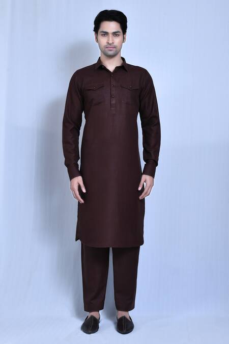 Buy_Arihant Rai Sinha_Brown Cotton, Linen Plain Straight Kurta Set _Online_at_Aza_Fashions