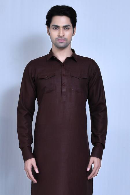 Shop_Arihant Rai Sinha_Brown Cotton, Linen Plain Straight Kurta Set _Online_at_Aza_Fashions