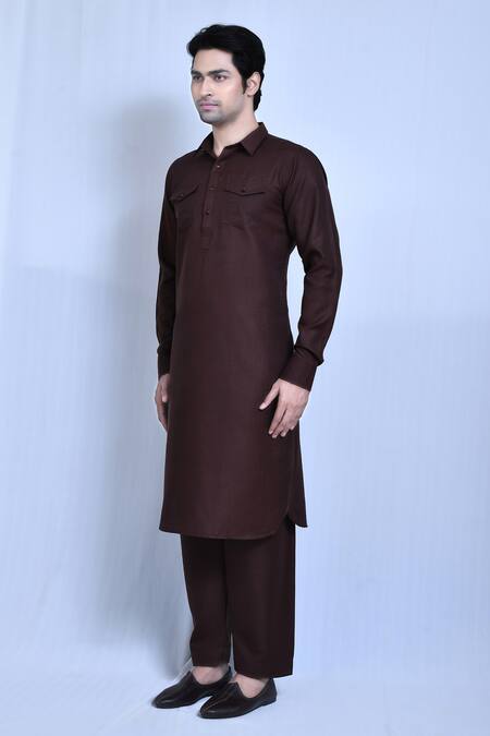 Arihant Rai Sinha_Brown Cotton, Linen Plain Straight Kurta Set _at_Aza_Fashions