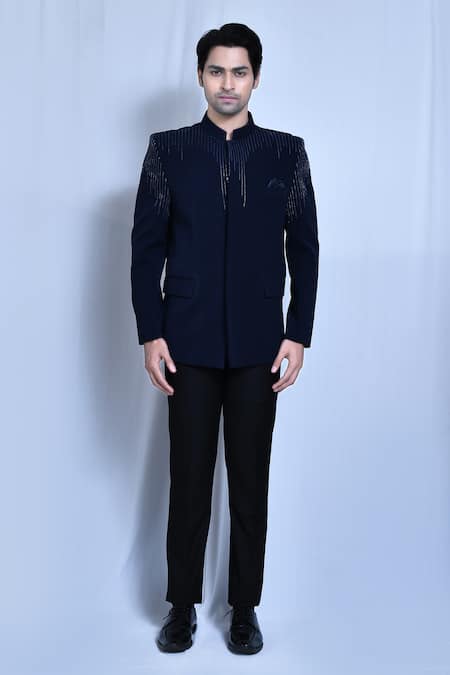 Buy_Arihant Rai Sinha_Blue Lycra, Rayon Cut Work Cutdana Embroidered Bandhgala Set _Online_at_Aza_Fashions