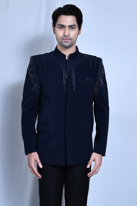 Shop_Arihant Rai Sinha_Blue Lycra, Rayon Cut Work Cutdana Embroidered Bandhgala Set _Online_at_Aza_Fashions