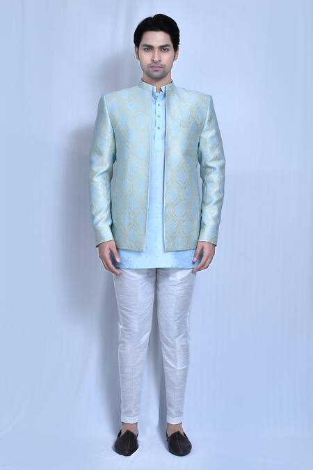 Arihant Rai Sinha_Blue Jacquard, Silk Embroidery Geometric Woven Prince Coat And Shirt Kurta Set _Online_at_Aza_Fashions
