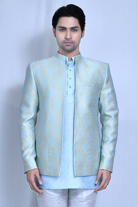 Buy Arihant Rai Sinha Blue Jacquard, Silk Embroidery Geometric Woven Prince Coat And Shirt Kurta Set Online at Aza Fashions Buy_Arihant Rai Sinha_Blue Jacquard, Silk Embroidery Geometric Woven Prince Coat And Shirt Kurta Set _Online_at_Aza_Fashions