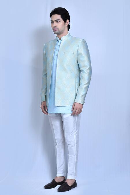 Shop_Arihant Rai Sinha_Blue Jacquard, Silk Embroidery Geometric Woven Prince Coat And Shirt Kurta Set _Online_at_Aza_Fashions
