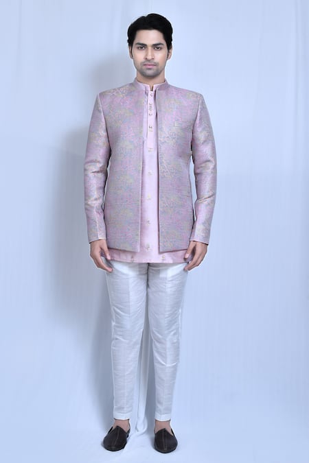 Arihant Rai Sinha_Multi Color Jacquard, Silk Embroidery Floral Woven Prince Coat And Shirt Kurta Set _Online_at_Aza_Fashions