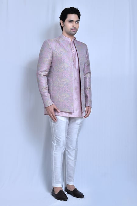 Shop_Arihant Rai Sinha_Multi Color Jacquard, Silk Embroidery Floral Woven Prince Coat And Shirt Kurta Set _Online_at_Aza_Fashions