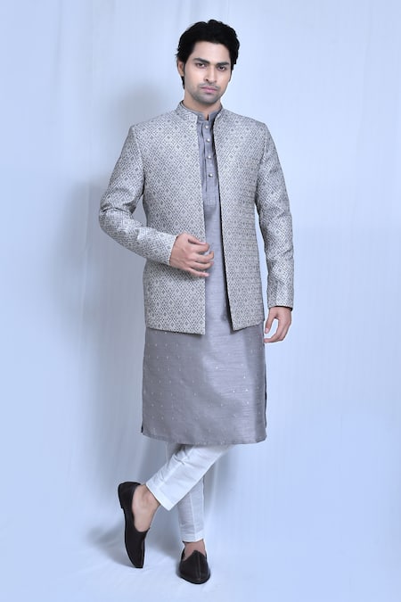 Aryavir Malhotra Grey Kurta And Pant Art Silk Woven Diamond Prince Coat & Set 