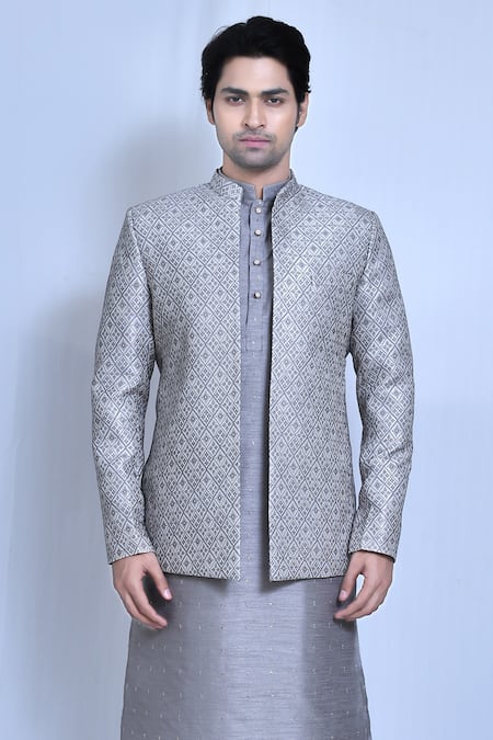 Arihant Rai Sinha_Grey Jacquard, Silk Diamonds, Embroidery Woven Prince Coat And Kurta Set _Online_at_Aza_Fashions