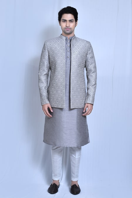 Buy_Arihant Rai Sinha_Grey Jacquard, Silk Diamonds, Embroidery Woven Prince Coat And Kurta Set _Online_at_Aza_Fashions