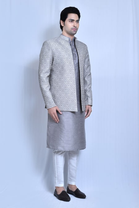 Shop_Arihant Rai Sinha_Grey Jacquard, Silk Diamonds, Embroidery Woven Prince Coat And Kurta Set _Online_at_Aza_Fashions